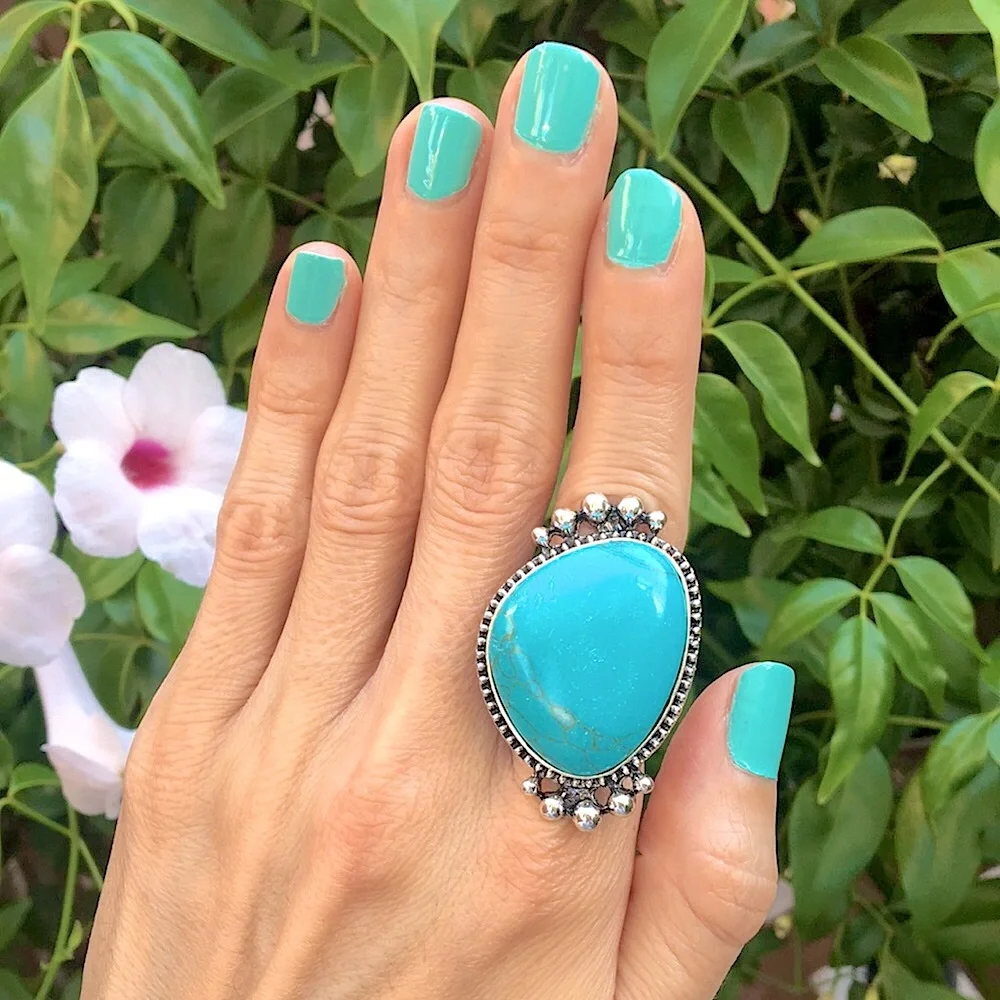 Oversized Turquoise + Silver Boho Statement Ring